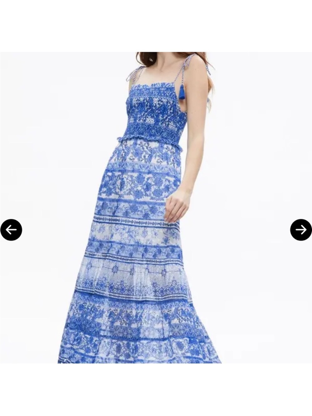 Alice + Olivia Blue Printed Smocked Maxi Dress with Tassel Ties